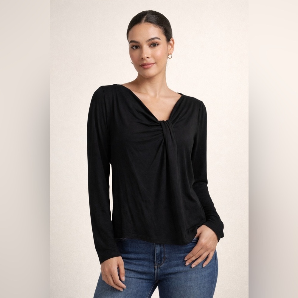 Grace Elements Black Twist Front Long Sleeve Top Size L Stretch Elegant